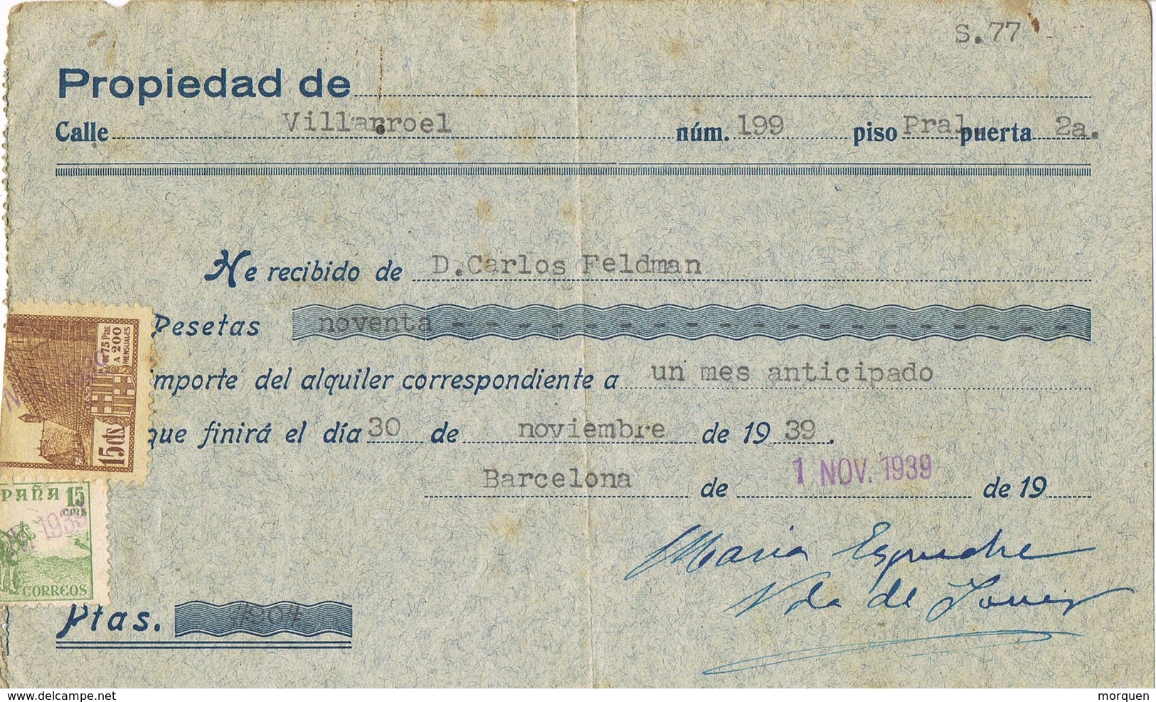 35875. Recibo Fiscal Municipal BARCELONA 1939. Sello Alquiler ATARAZANAS Y Cid - Fiscales