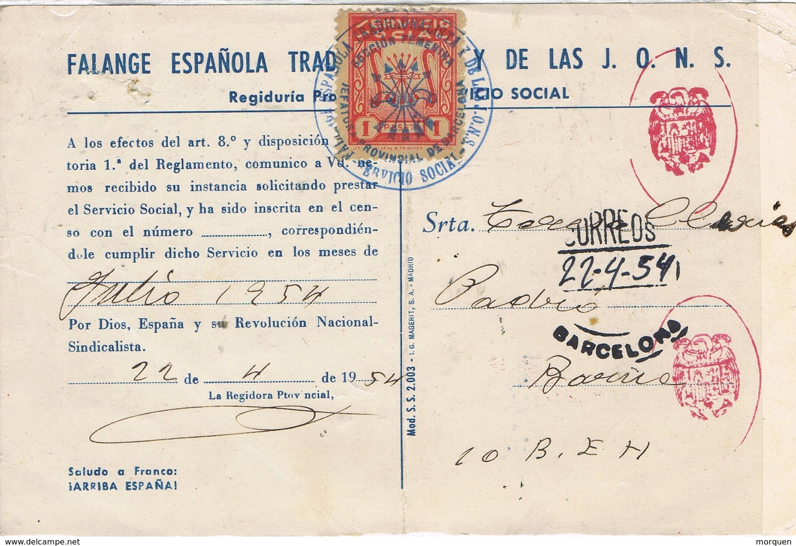 35877. Tarjeta Falange Española Y JONS, Servicio SOCIAL, Fiscal  1 Pta, BARCELONA 1954 - Fiscales