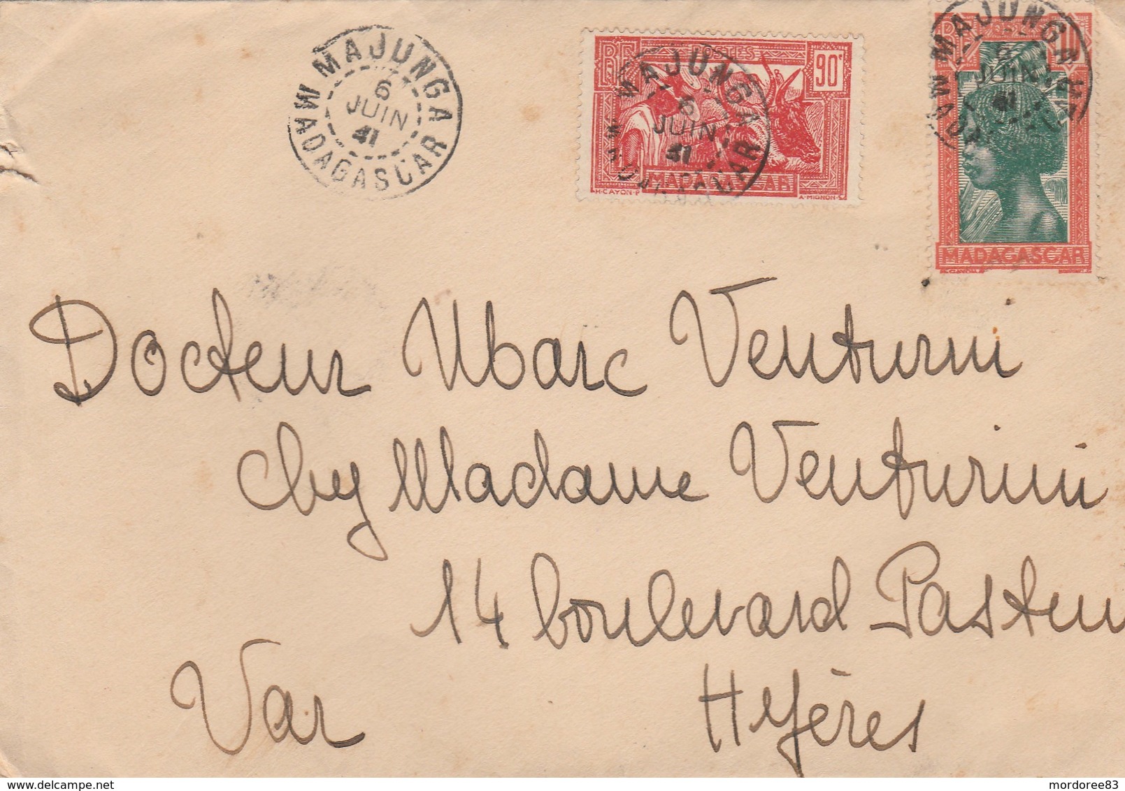 MADAGASCAR YT 165 + 174 SUR LETTRE AU TARIF MAJUNGA 6/6/41 POUR HYERES VAR - Lettres & Documents