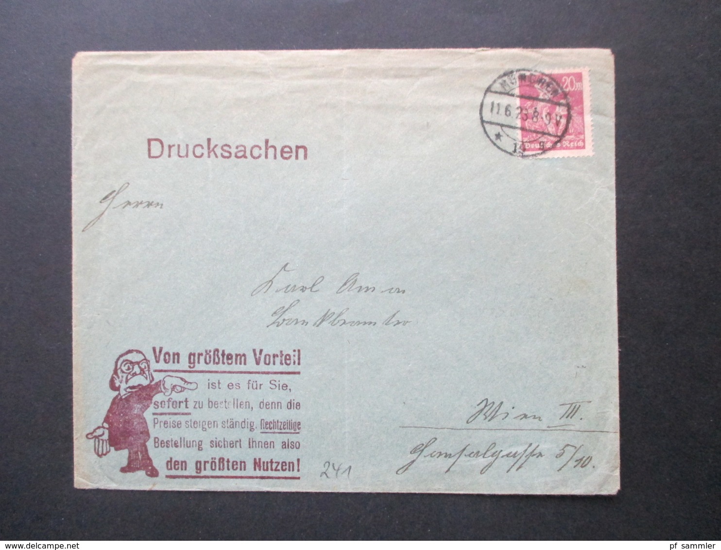 Infla 1923 Arbeiter Nr. 241 EF Drucksache Werbeumschlag Briefmarken / Postkartenhändler O. Täschner, München - Lettres & Documents