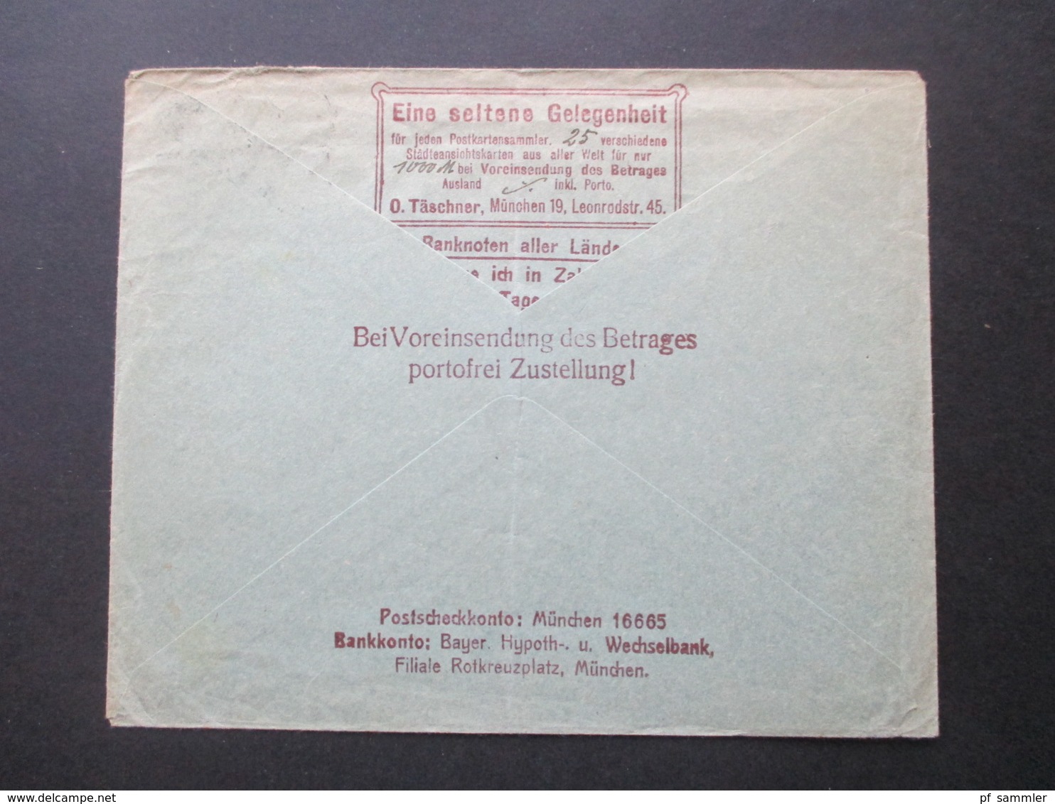 Infla 1923 Arbeiter Nr. 241 EF Drucksache Werbeumschlag Briefmarken / Postkartenhändler O. Täschner, München - Lettres & Documents