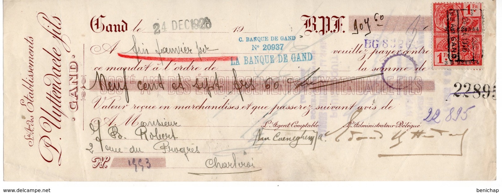 Quittance ETABLISSEMENTS P. UYTTENDAELE FILS - GAND - 1926. - Lettres De Change