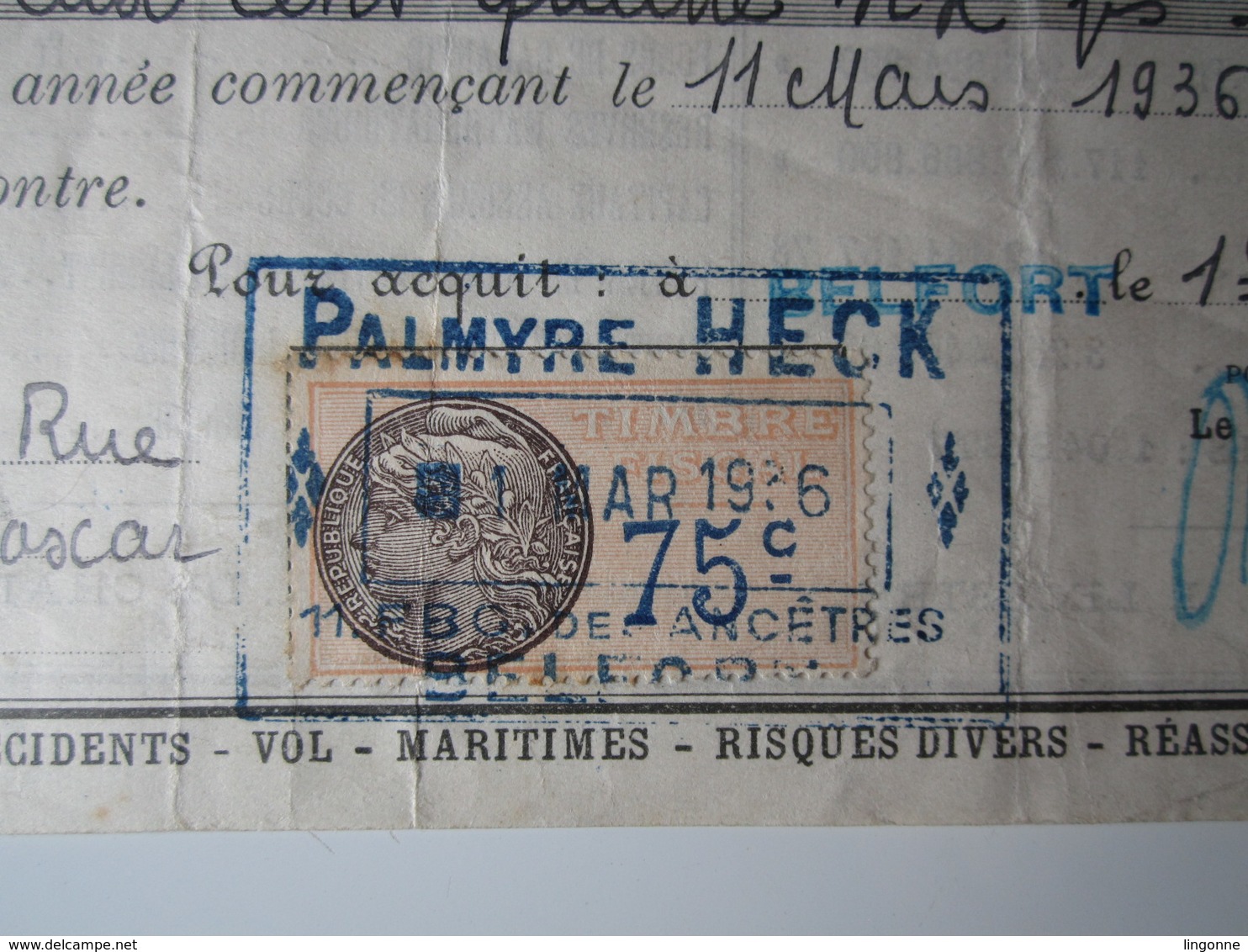 1936 BELFORT QUITTANCE DE PRIME Victor MARSOT BELFORT PALMYRE HECK Timbre Fiscal 75 Centimes - 1900 – 1949