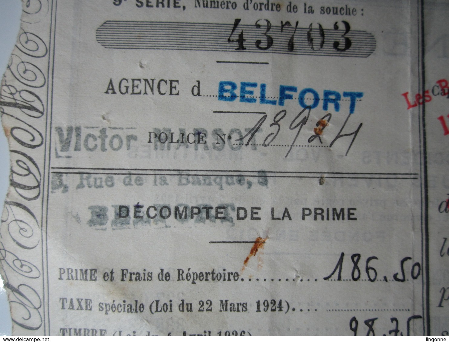 1936 BELFORT QUITTANCE DE PRIME Victor MARSOT BELFORT PALMYRE HECK Timbre Fiscal 75 Centimes - 1900 – 1949