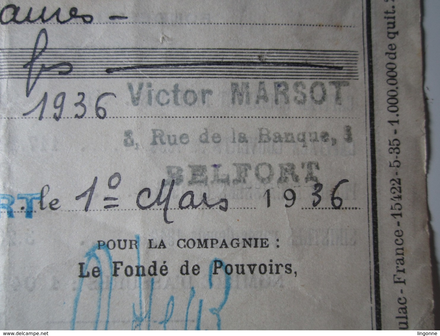 1936 BELFORT QUITTANCE DE PRIME Victor MARSOT BELFORT PALMYRE HECK Timbre Fiscal 75 Centimes - 1900 – 1949