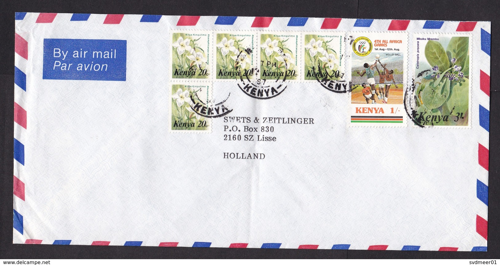 Kenya: Airmail Cover To Netherlands, 1997, 7 Stamps, Volleyball, Africa Games, Ball Sports, Flowers (minor Crease) - Kenya (1963-...)