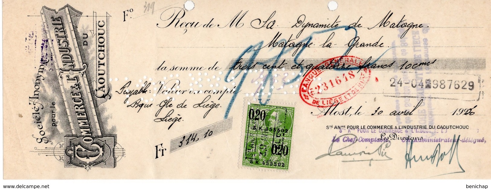 Quittance COMMERCE ET INDUSTRIE DU CAOUTCHOUC - DYNAMITE DE MATAGNE - 1925. - Lettres De Change