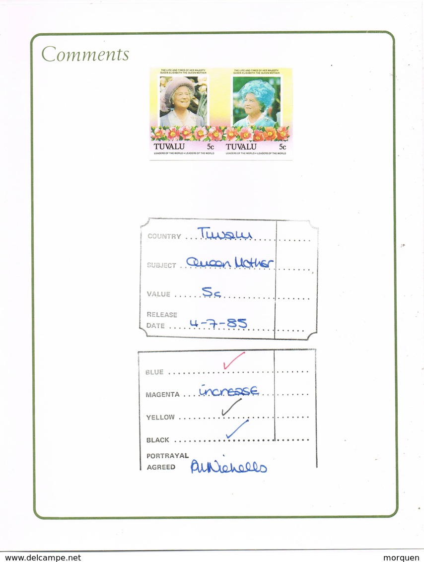 35888. TUVALU, Progresive PROOF 1985. Queen Elisabeth The Queen Mother. Pruebas Color. RARE - Tuvalu