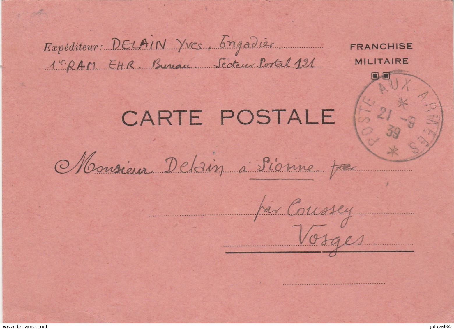 Carte Postale Franchise Militaire De SP 121 Cachet Poste Aux Armées 21/9/1939 à Sionne Par Coussey Vosges - Lettres & Documents