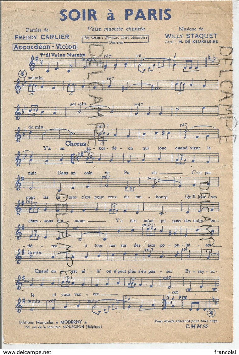 "Soir à Paris", "J'ai Mon Dada", "Bonsoir, Chers Auditeurs" Par Willy Staquet Et M. De Keukeleire - Partitions Musicales Anciennes