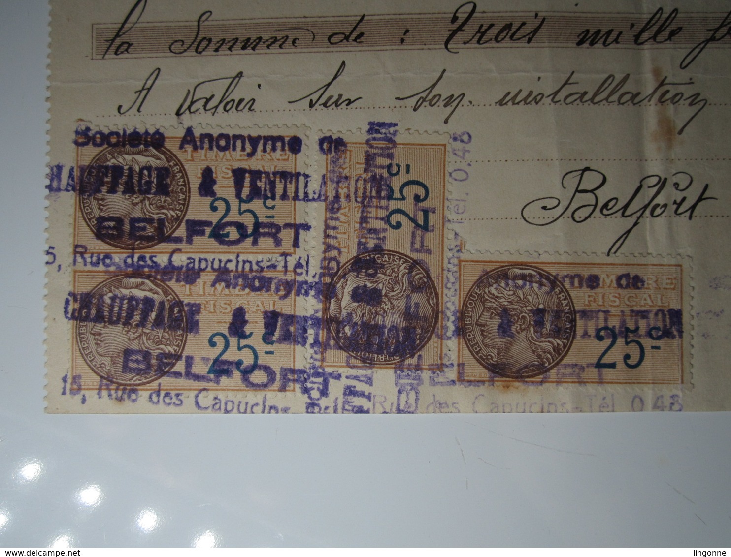 1929 BELFORT REÇU SOCIÉTÉ ANONYME De CHAUFFAGE & VENTILATION Timbre Fiscal 25 Centimes - 1900 – 1949