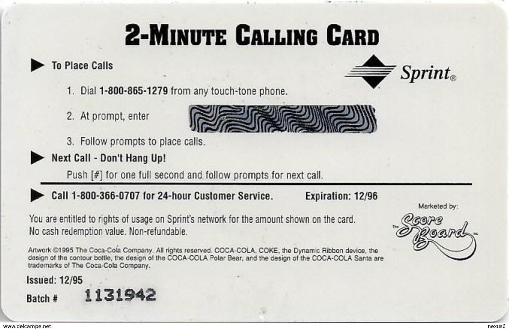 USA - Sprint - Score Board - SBI-455 - Coca Cola Adv. '95, Remote Mem. 2$, 7.100ex, Mint - Sprint