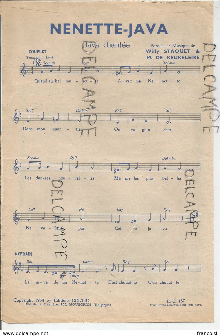 "Nenette-Java" Par Willy Staquet Et M. De Keukeleire. - Partitions Musicales Anciennes