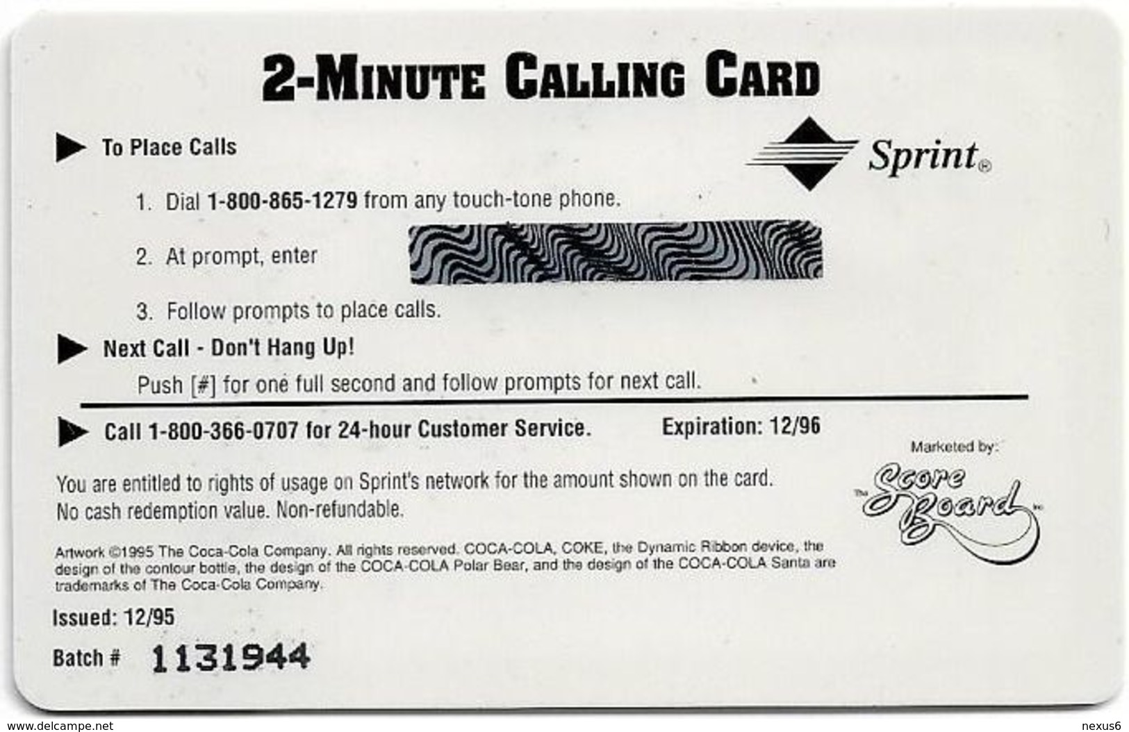 USA - Sprint - Score Board - SBI-485 - Coca Cola Adv. '95, Remote Mem. 2$, 7.100ex, Mint - Sprint