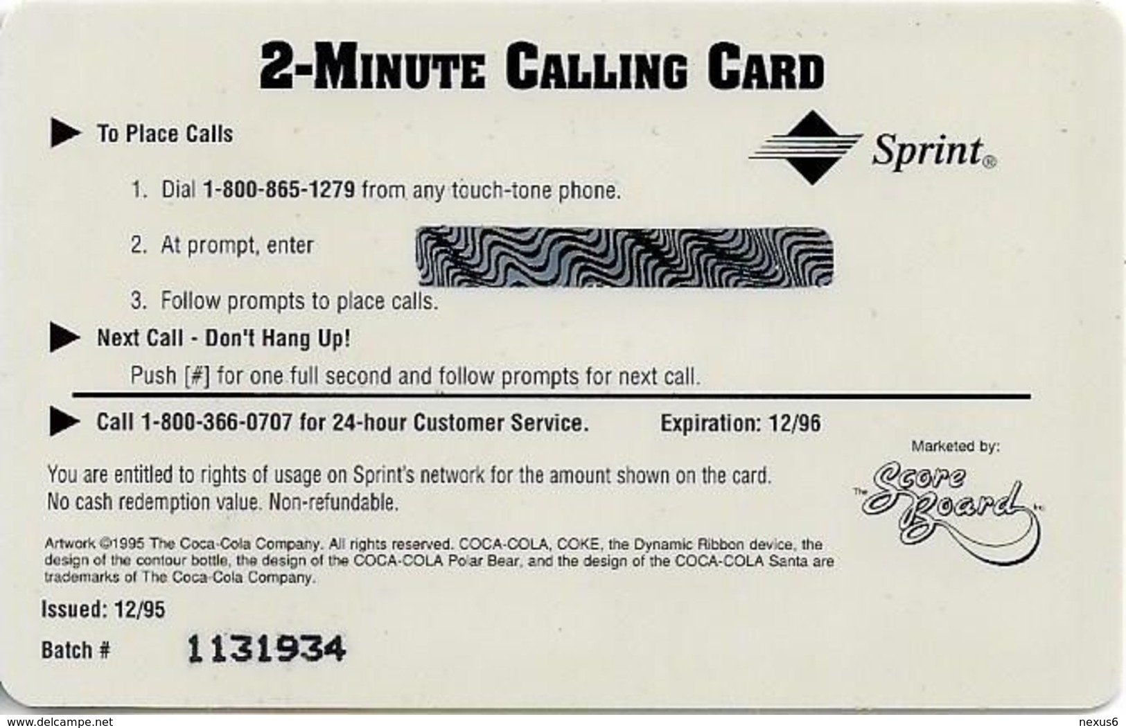 USA - Sprint - Score Board - SBI-490 - Coca Cola Adv. '95, Remote Mem. 2$, 7.100ex, Mint - Sprint