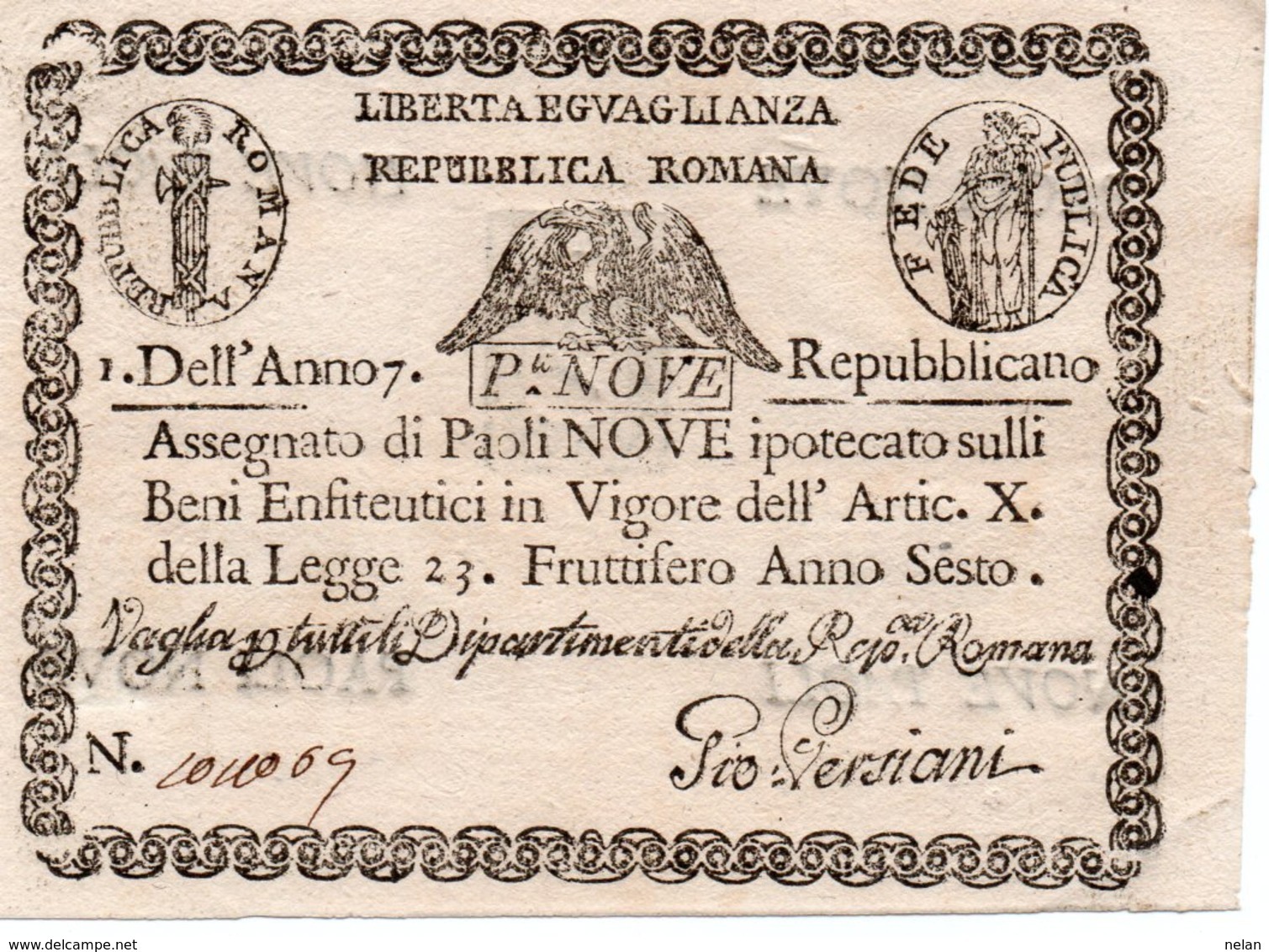 ITALIA - REPUBBLICA  ROMANA-ASSEGNATO DI 9 PAOLI-1798-  P-S539  UNC - Other & Unclassified