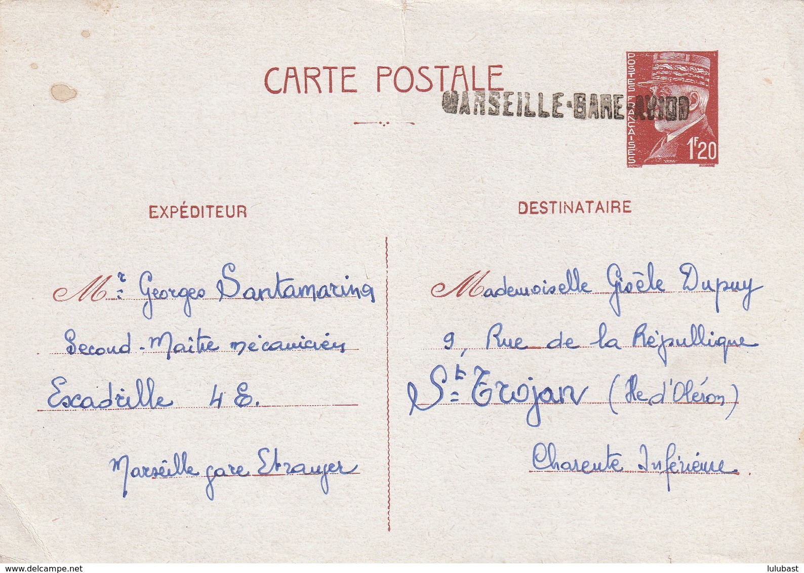 Griffe Linéaire " Marseille-Gare-Avion" Pour Annulation (en Départ) D'un Entier Pétain. (rare Et Superbe Combinaison) - Bolli Manuali