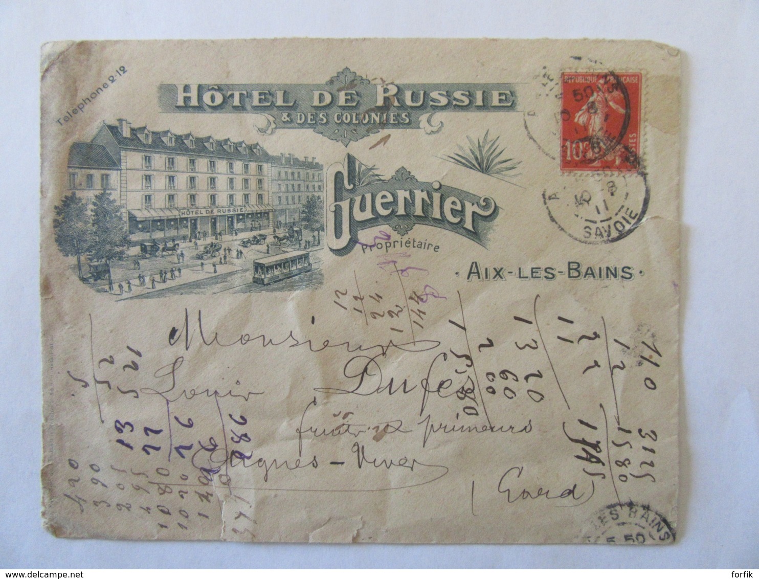 Enveloppe à En-tête De L'Hôtel De Russie & Des Colonies D'Aix-Les-Bains - Guerrier Propriétaire - Circulée En 1911 - 1877-1920: Période Semi Moderne
