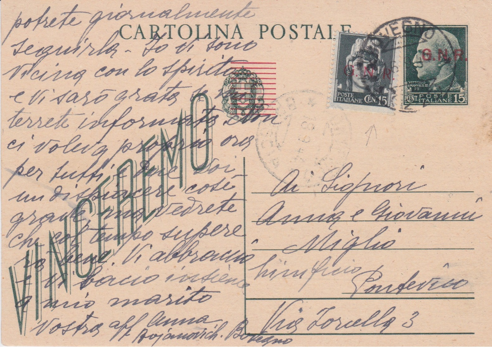 ITALIA 1944 - CARTOLINA POSTALE DA C.15 VERDE VIAGGIATA CON FRANCOBOLLO DA C.15 VARIETA' - - Interi Postali