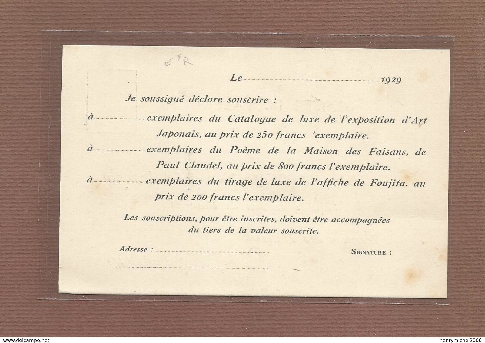 Pub Publicité Paris 1er Délégué De L'exposition D'art Japonais Musée Du Jeu De Paume Catalogue Luxe Souscriptions 1929 - Arrondissement: 01