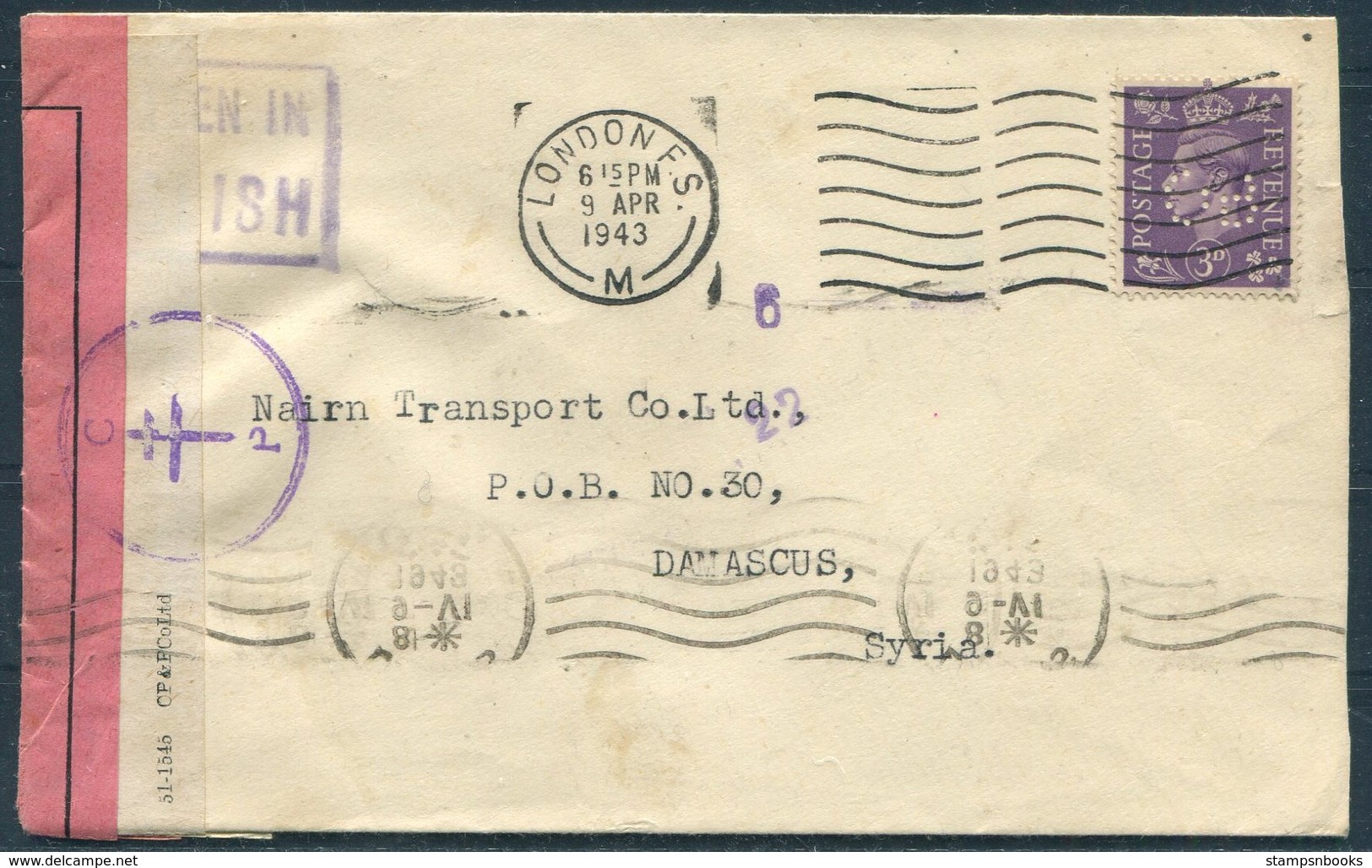 1943 GB London F.S. Ottoman Bank Perfin, Free French Censor Cover - Nairn Transport CO, Damascus Syria. - Lettres & Documents