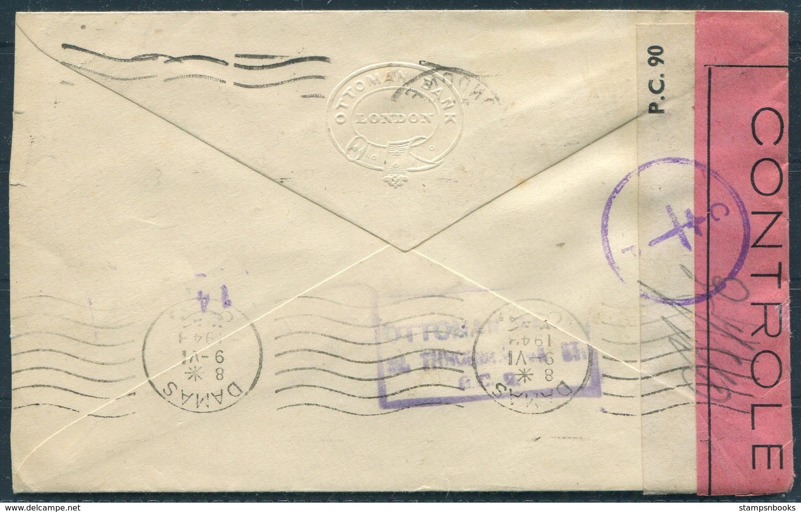 1943 GB London F.S. Ottoman Bank Perfin, Free French Censor Cover - Nairn Transport CO, Damascus Syria. - Lettres & Documents