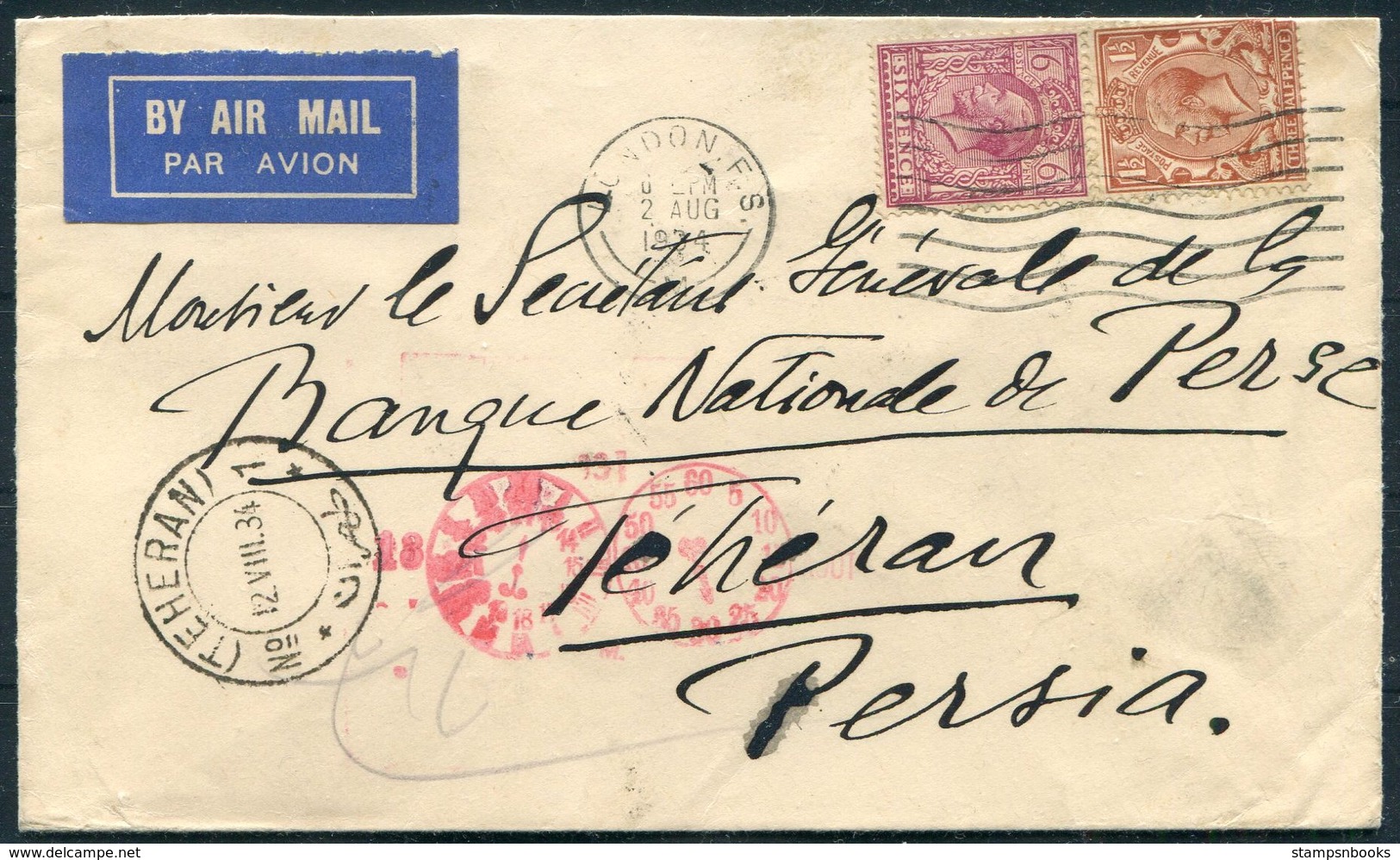 1934 GB London F.S. Airmail Cover - Teheran Persia Via Baghdad Iraq. Banque Nationale De Perse. - Storia Postale