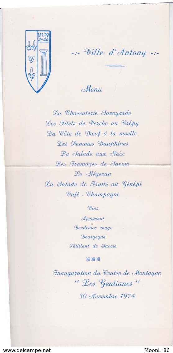 74 MEGEVE - CENTRE DE MONTAGNE - VILLE D'ANTONY - MENU INAUGURATION  30 NOV 1974 - Megève