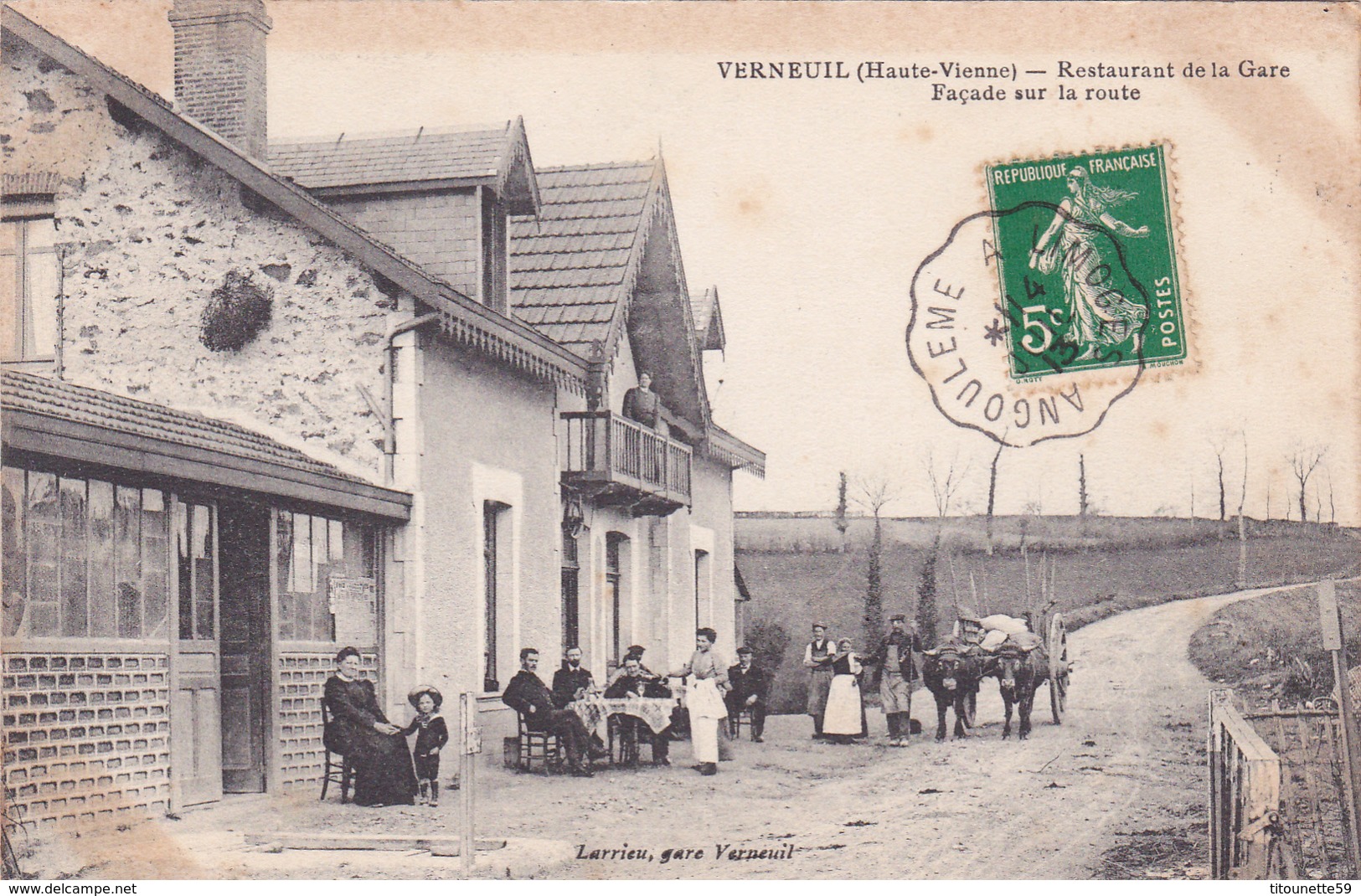 87-VERNEUIL (Haute-Vienne)- RESTAURANT De La GARE-Façade Sur La Route-Edit.LARRIEU, Gare Verneuil-Ecrite-1913-(24-02/20) - Autres & Non Classés