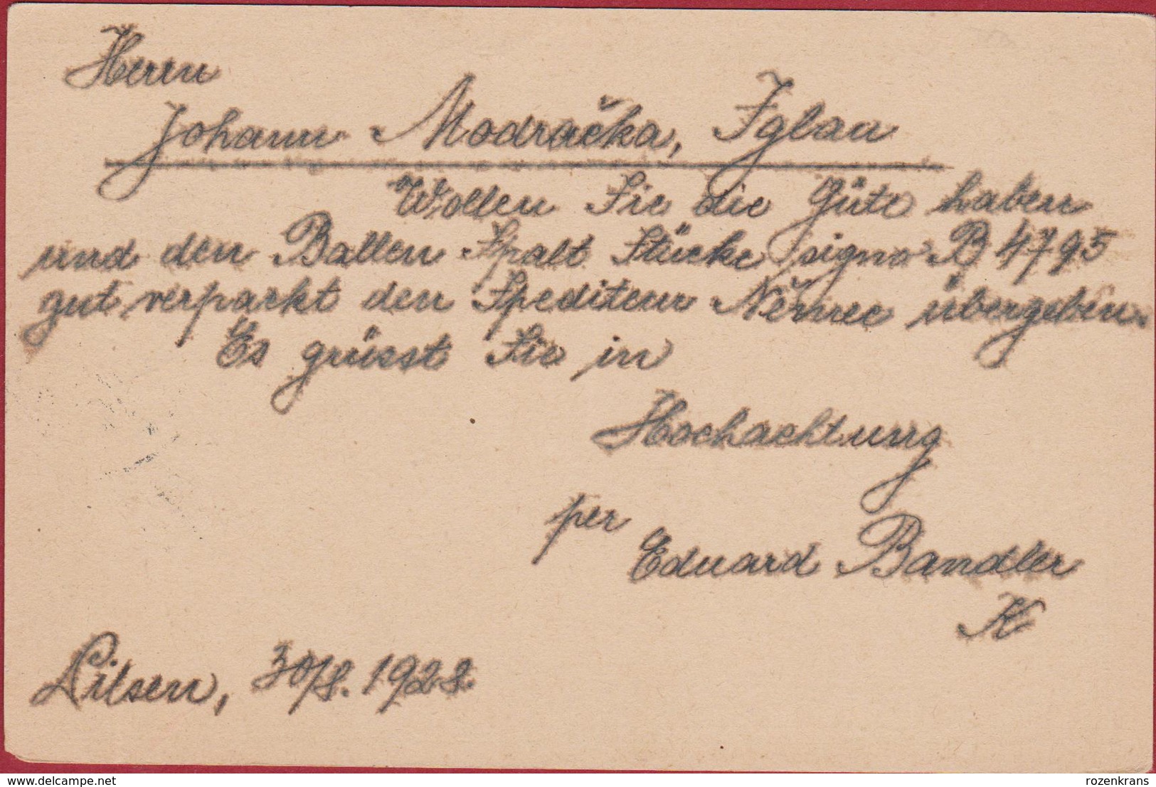 Tsjechoslowakije CESKOSLOVENSKO TCHECOSLOVAQUIE Entier Postal Postwaardestuk 1928 Pilsen Eduard Bandler - Cartes Postales