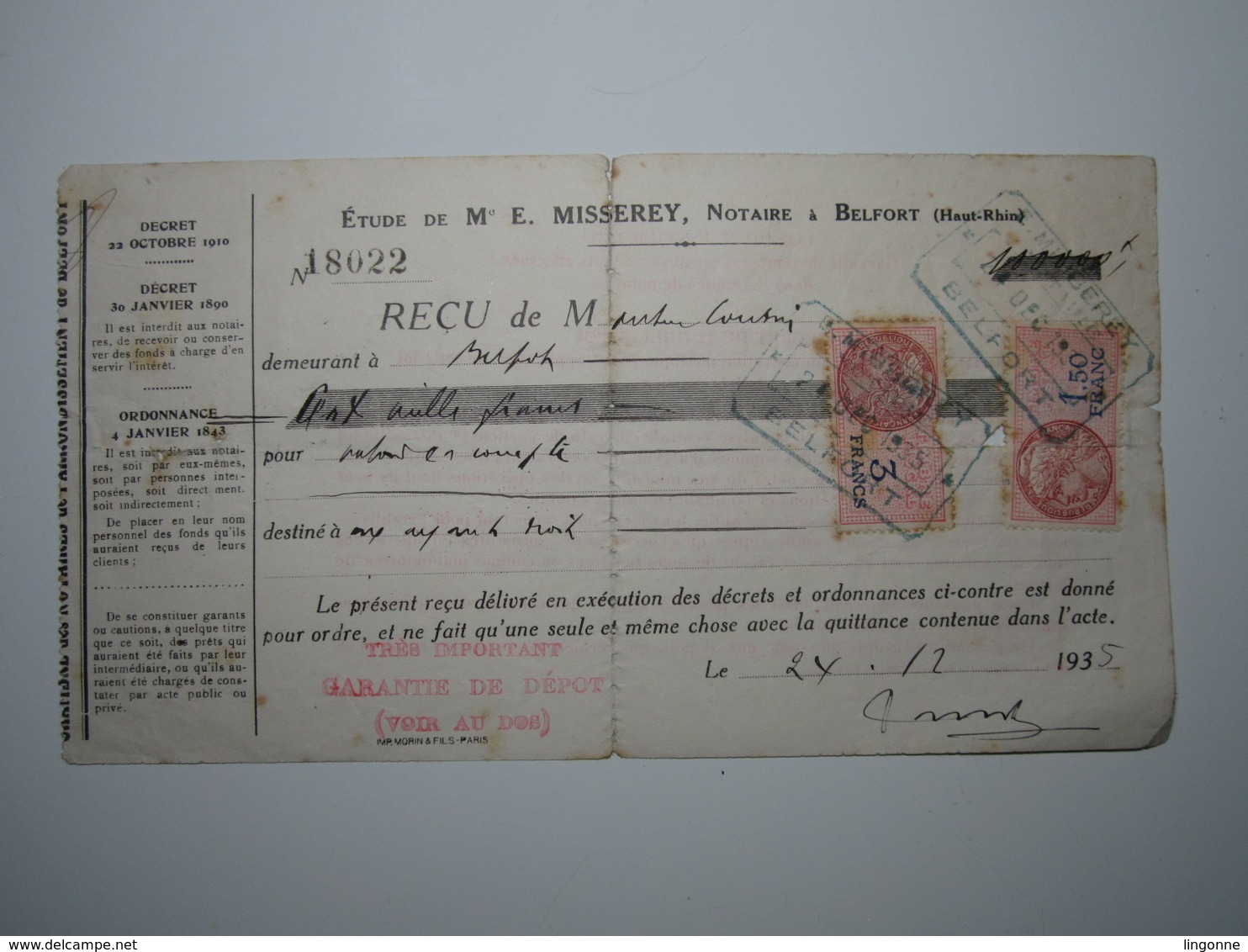 1935 BELFORT REÇU E. MISSEREY Notaire Timbre Fiscal 3 Francs Timbre Fiscal 1,50 Francs (abîmée) - 1900 – 1949