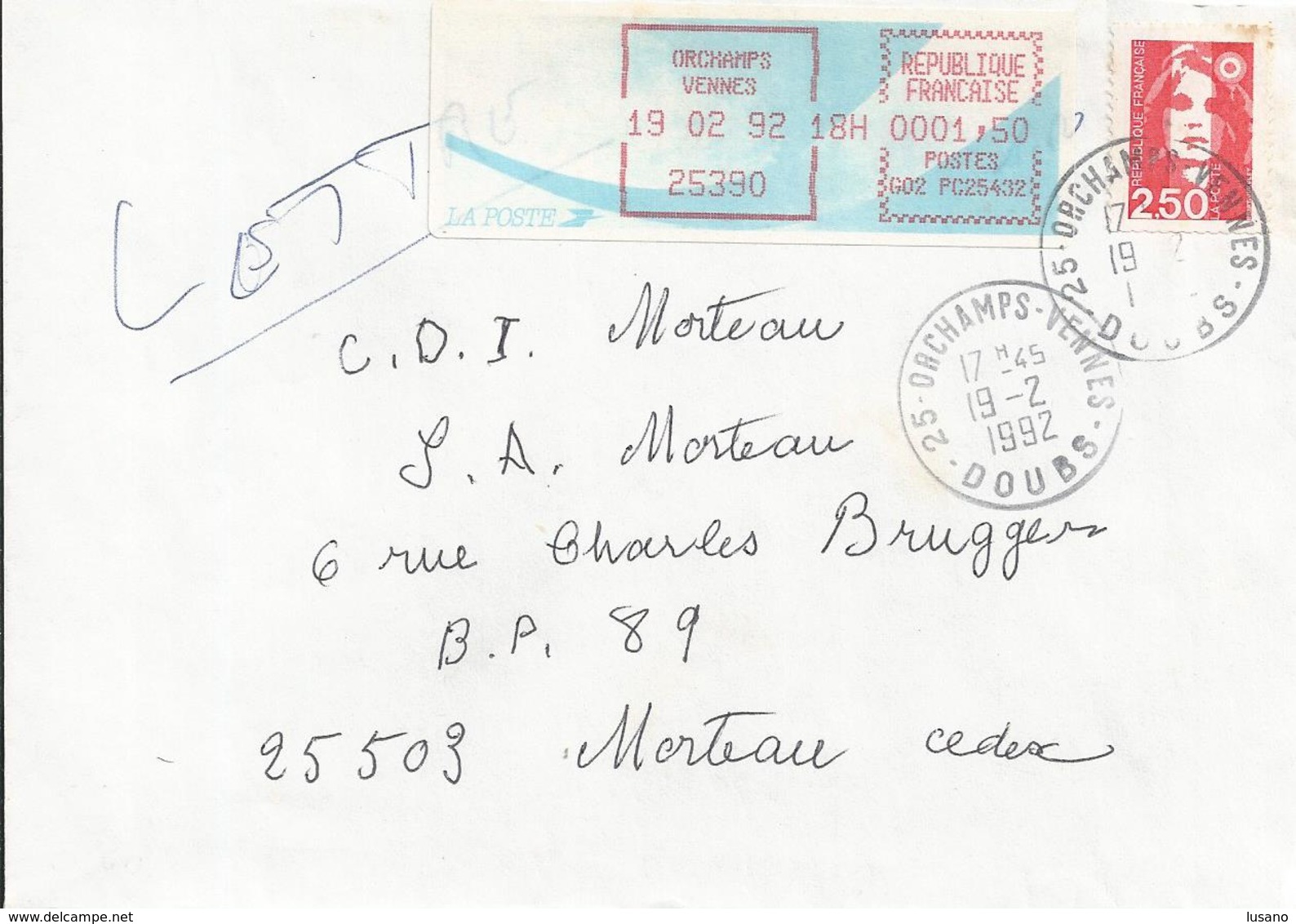 Vignette D'affranchissement Type "Comète" Sur Enveloppe - Bureau De Orchamps-Vennes (Doubs) - 1988 « Comète »