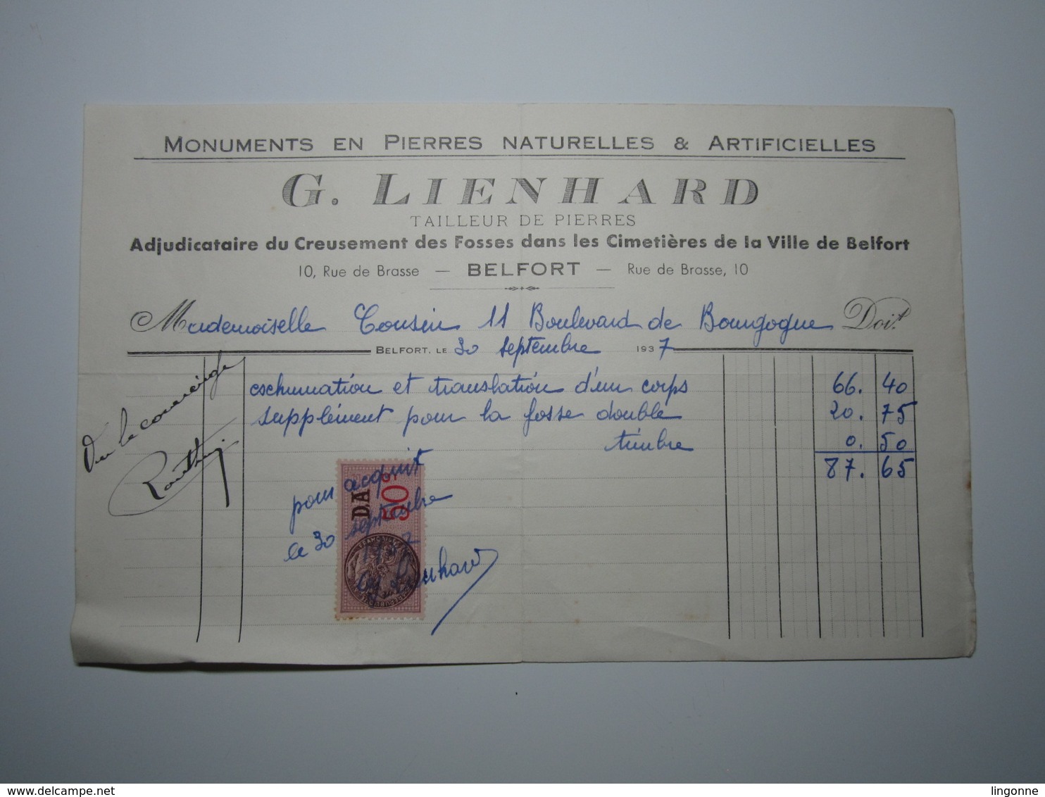 1937 BELFORT G. LIENHARD TAILLEUR DE PIERRES Creusement Des Fosses Dans Les Cimetières Timbre Fiscal DA 50 Centimes - 1900 – 1949
