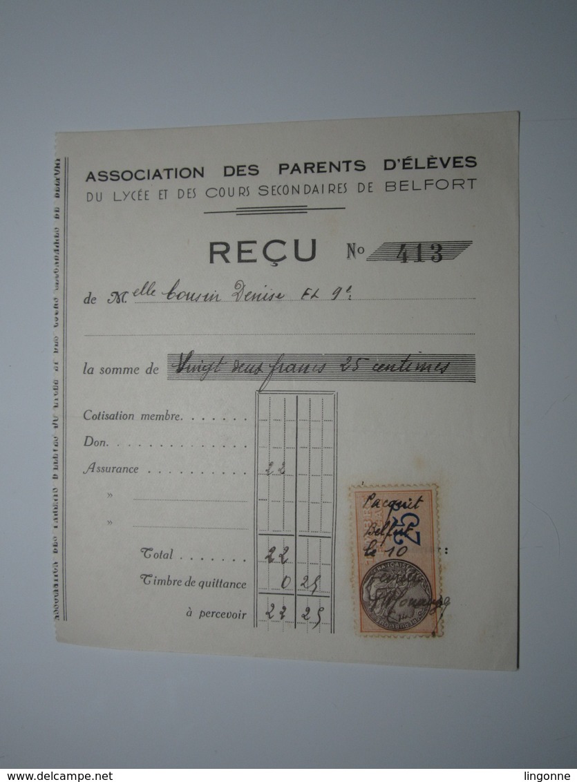 BELFORT REÇU ASSOCIATION DES PARENTS D’ÉLÈVES Du Lycée Et Des Cours Secondaires De BELFORT Timbre Fiscal 25 Centimes - 1900 – 1949