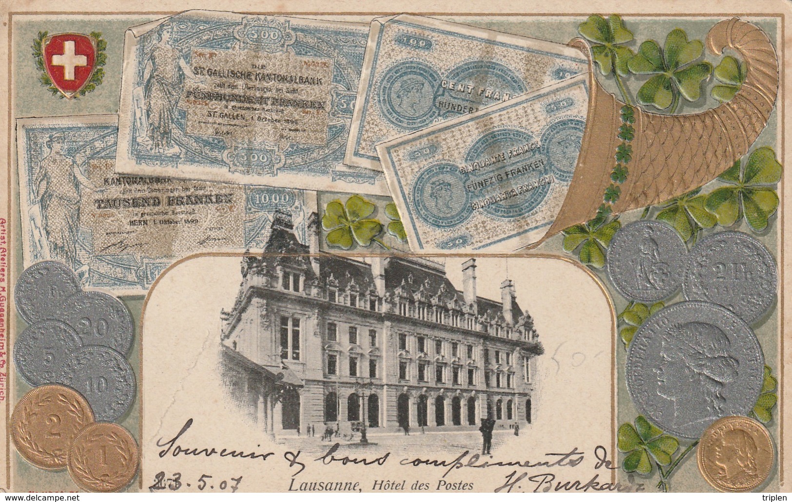 Lausanne - Hôtel Des Postes - Billets Et Pièces De Monnaie - Carte Gauffrée - Lausanne