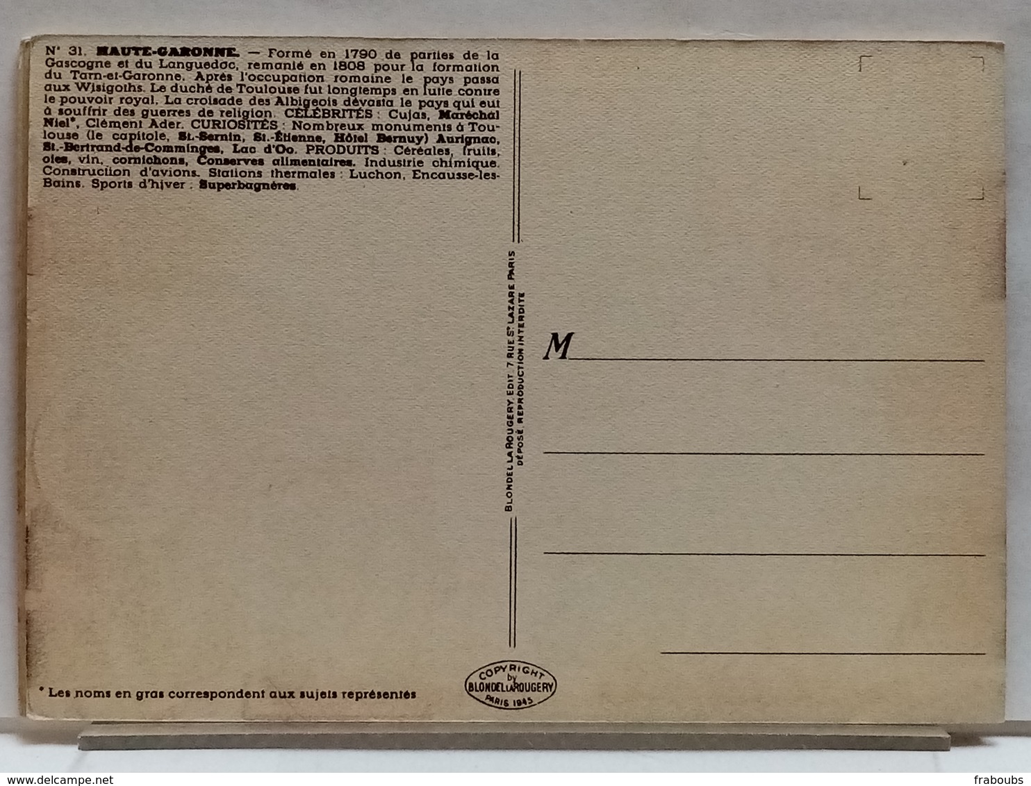 CARTE GEOGRAPHIQUE PINCHON N° 31 - HAUTE GARONNE - BLONDEL LA ROUGERY 1945 - Other & Unclassified