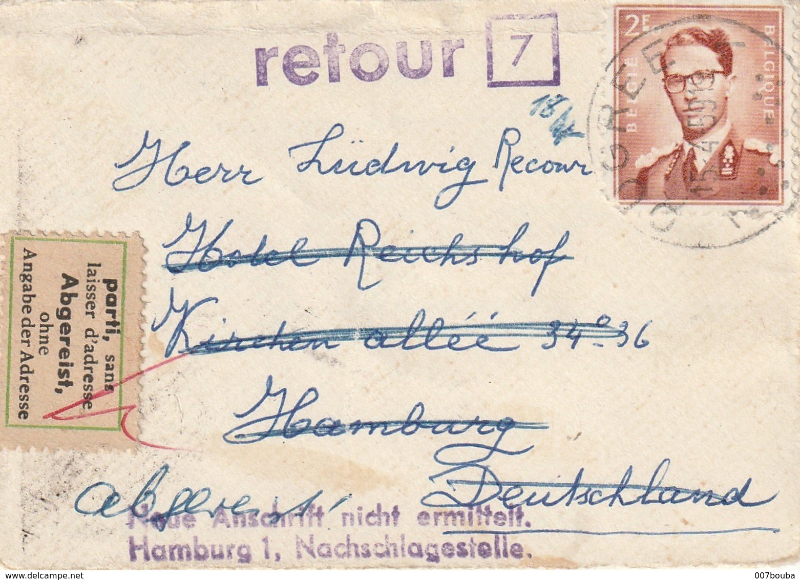 COB N° 1028 Sur Lettre CDV De Ougrée Vers Hambourg (Allemagne) / Retour + " Parti Sans Laisser D'adresse" - 1953-1972 Bril