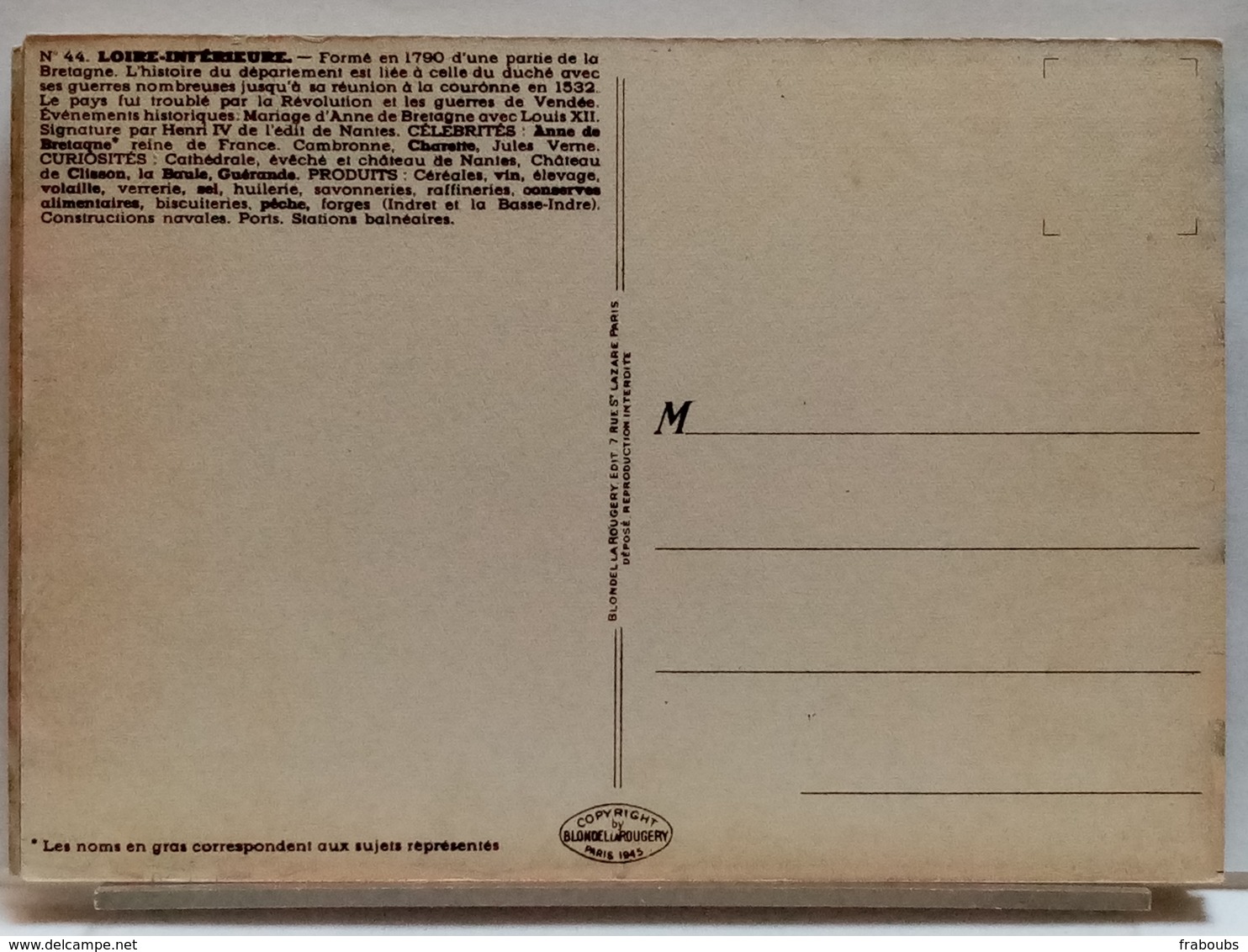 CARTE GEOGRAPHIQUE PINCHON N° 44 - LOIRE INFERIEURE - BLONDEL LA ROUGERY 1945 - Other & Unclassified