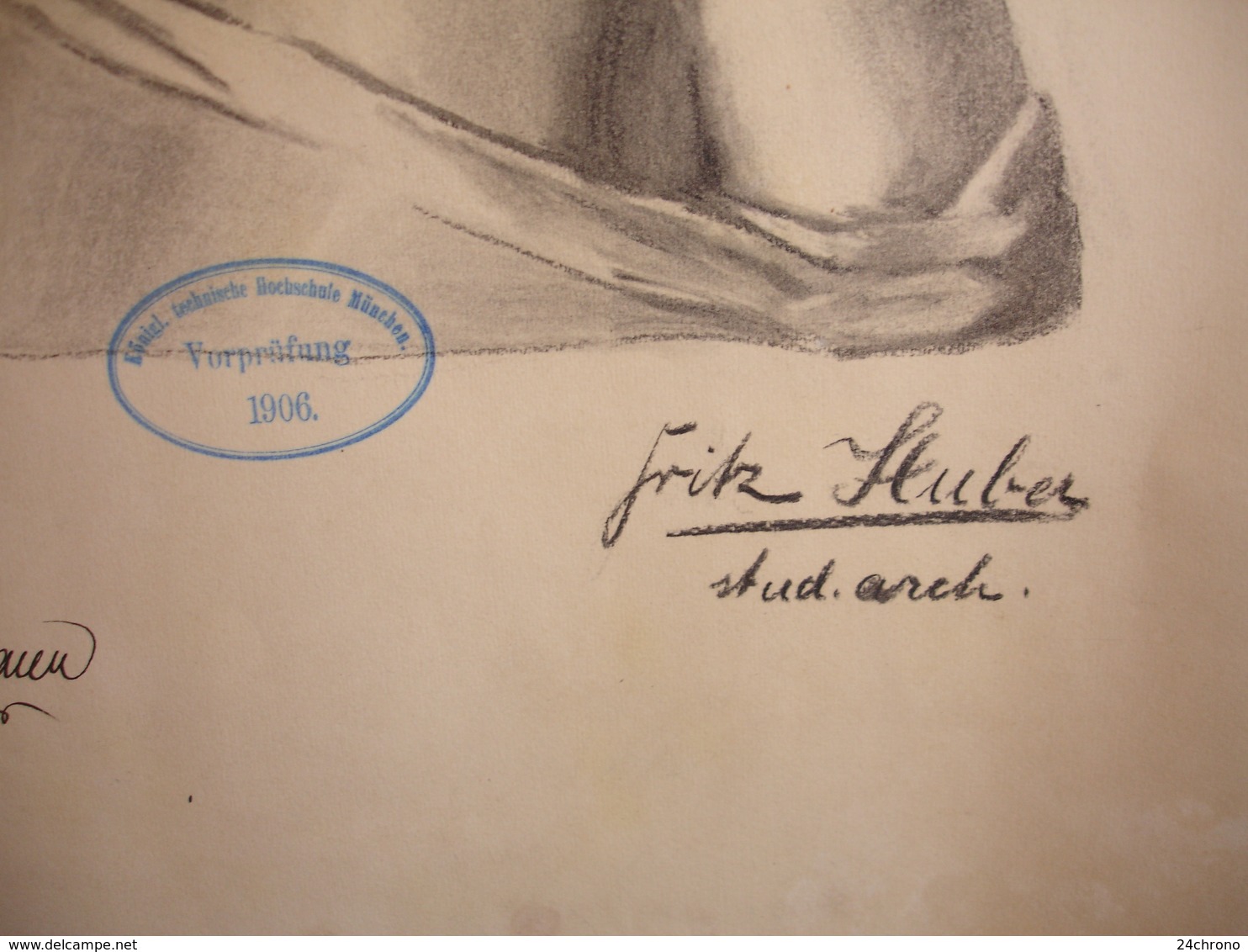 Konigl. Technische Hochschule Munchen Vorprufung 1906 Paul Dfauer Professor, Fritz Huber, Fusain Buste De Garçon (20-396 - Pastel