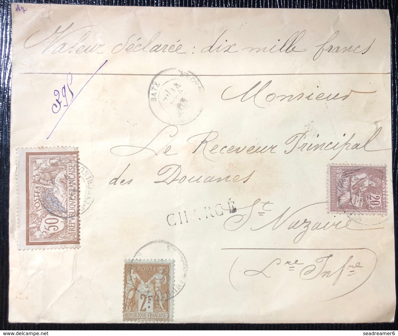 Lettre Chargé En VD De 10.000FR Avec Tri émission ! Sage N°105, Merson N°120 & Mouchon N°126 De Batz RRR ! - 1898-1900 Sage (Type III)