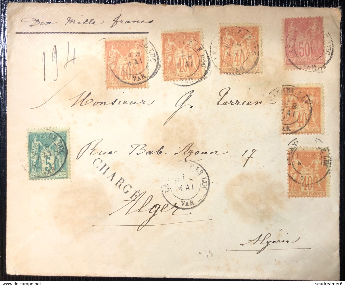 Lettre Chargé En VD De 10000FR à 2fr 55c Avec Tricolore Sage N°75, 94 X5 & 98 Pour Alger  RRR ! - 1898-1900 Sage (Type III)