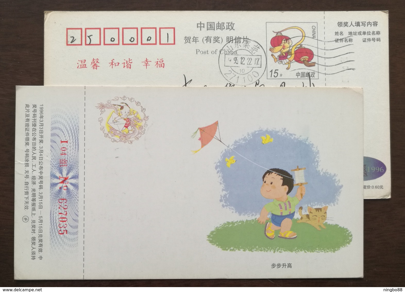 Boy Playing A Kite,kitten Cat,China 1996 New Year Greeting Advertising Pre-stamped Card - Other & Unclassified