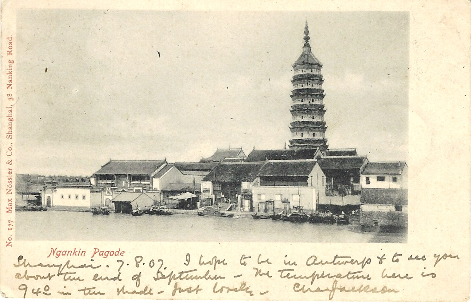 1907- Postcard From Ngankin Pagode  To Belgium Fr. Hong-Kong Stamp 4 Cents Canc. From SHANGHAI - Lettres & Documents