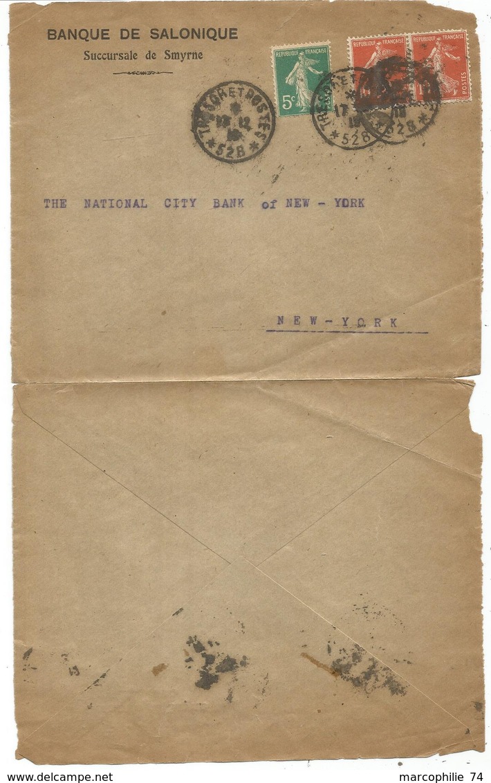 SEMEUSE138X2+137 LETTRE REC TRESOR ET POSTES 528 1918 + ENTETE BANQUE SALONIQUE DE SMYRNE POUR USA B/TB - Bolli Militari A Partire Dal 1900 (fuori Dal Periodo Di Guerra)