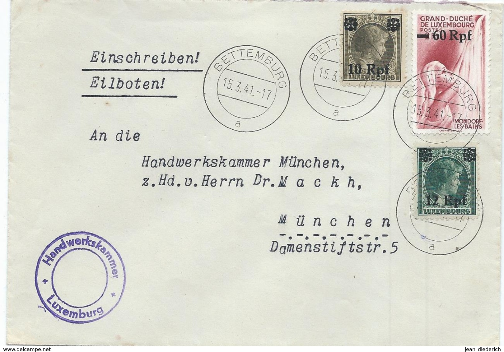 Einschreibebrief (ohne Inhalt) - Handelskammer, Luxemburg - Stempel Bettemburg 15-03-1941 Nach München, Handelskammer - Machines à Affranchir (EMA)