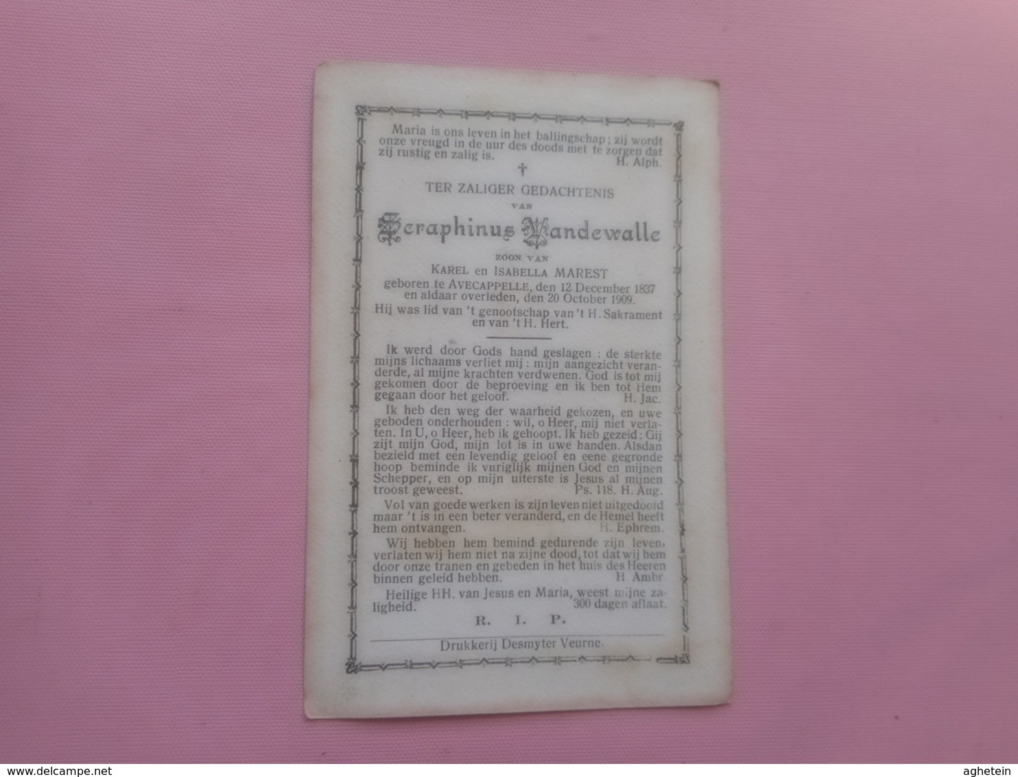 D.P-SERAPHINUS VANDEWALLE °AVECAPPELLE 12-12-1837+ALDAAR 20-10-1909 - Religion & Esotérisme