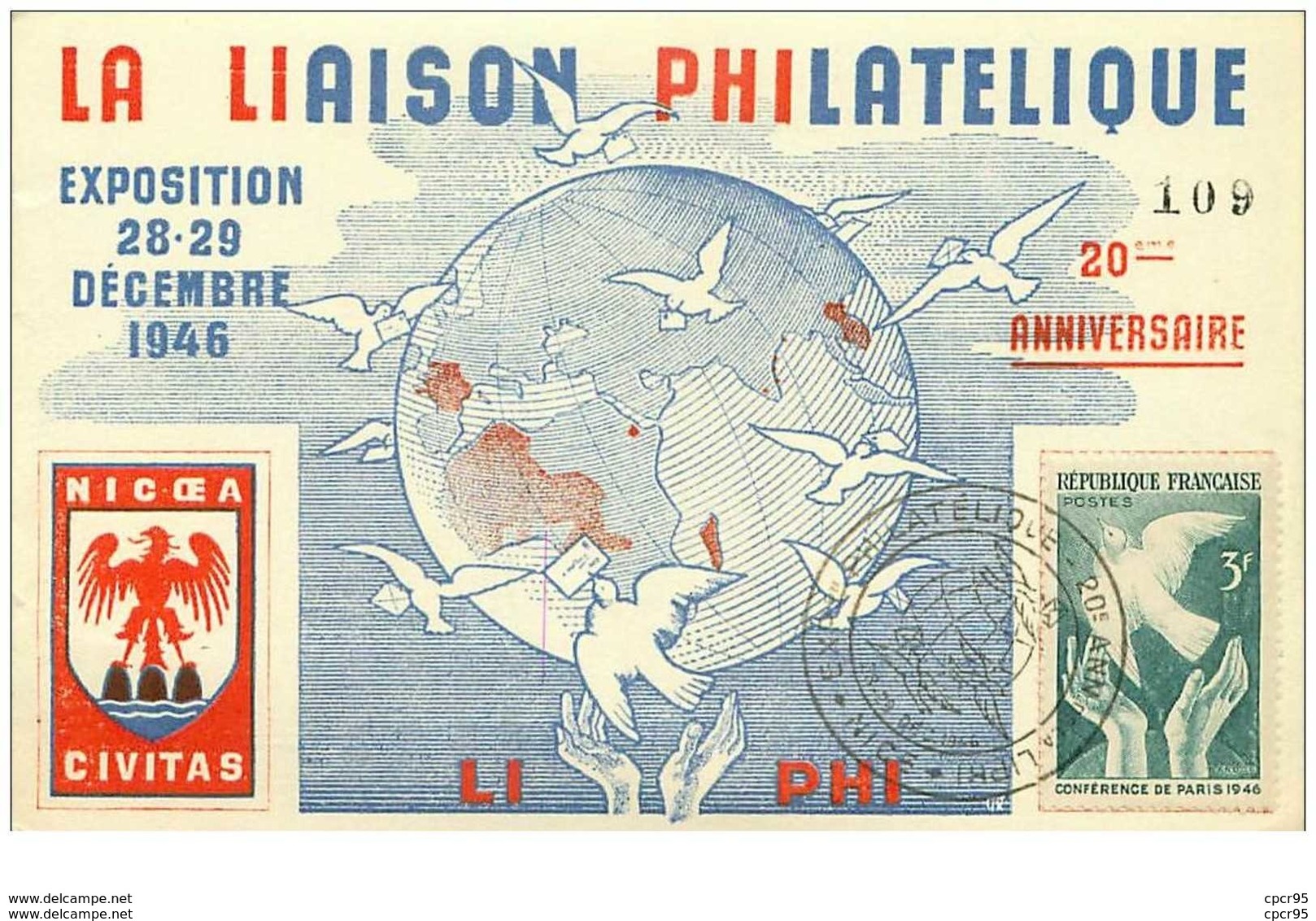 FRANCE.n°19952.CARTE MAXIMUM.1946.LA LIAISON PHILATELIQUE.EXPOSITION28-29 DECEMBRE 1946 - 1940-1949