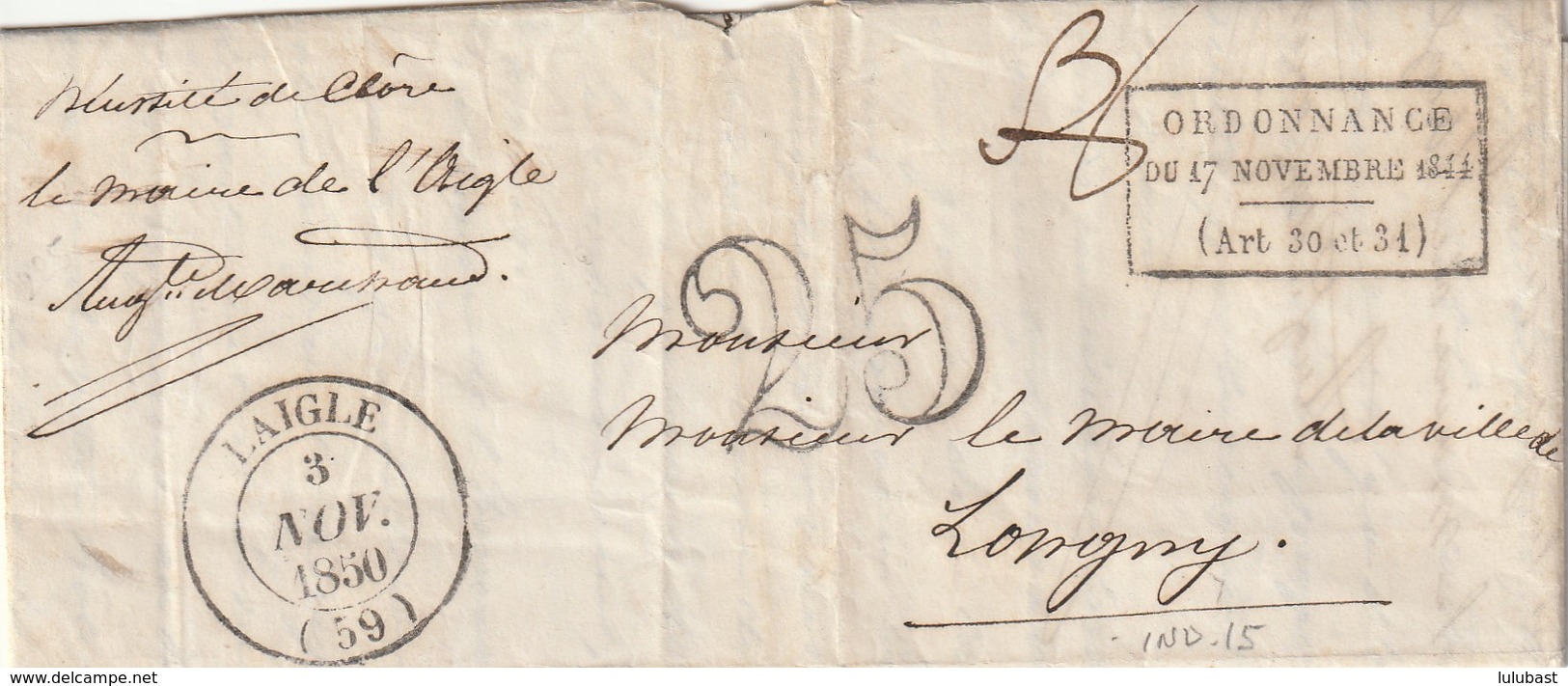 Lettre De LAIGLE (Orne) Avec 3 MP Superbes. Taxe 25 (?)  En Référence à L'ordonnance De 1844 . Cachet Rare. - 1849-1876: Période Classique