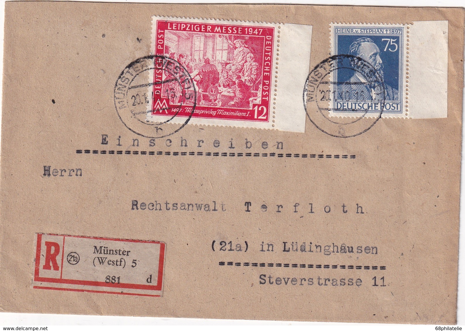 ALLEMAGNE 1948 ZONE AAS LETTRE RRECOMMANDEE DE MÜNSTER AVEC CACHET ARRIVEE LÜDINGSHAUSEN - Autres & Non Classés