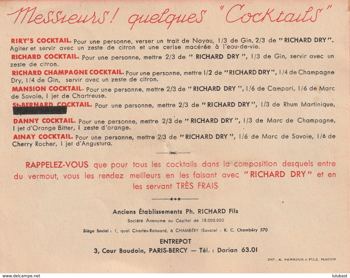 Le VERMOUT RICHARD De Chambéry Avec Recettes Au "Richard". (TTB) - Publicités